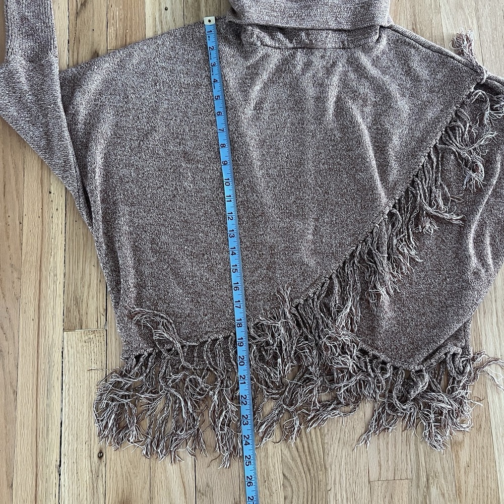 Fringe Poncho Sweater Asymmetrical Turtleneck Boho Knit Brown Womens M - Picture 4 of 7